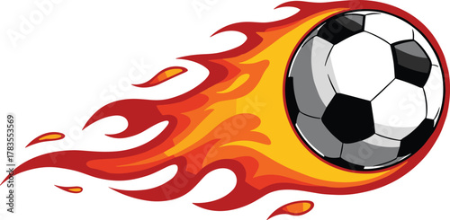 Flaming soccer ball, fiery football design, black white ball with red orange yellow flames, sports energy illustration, cad drawing flat vector illustration