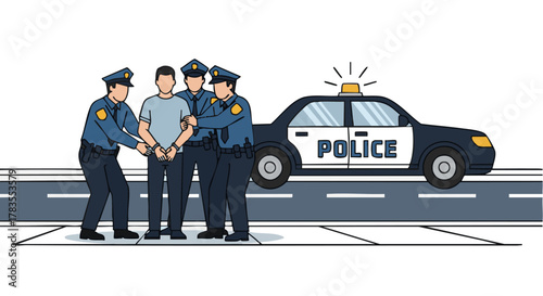 Police officers arrest a man, handcuffs and law enforcement action on the street.