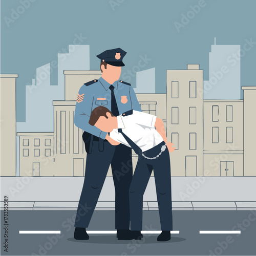 Police Officer Holding a Person on the Street in the City.