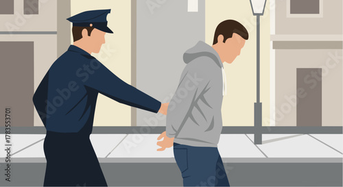 Police officer arresting a suspect on a city street, law enforcement action.