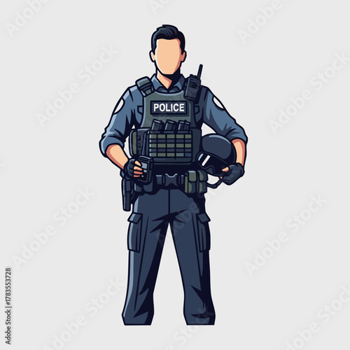 Police officer in tactical gear stands ready for duty, holding helmet.