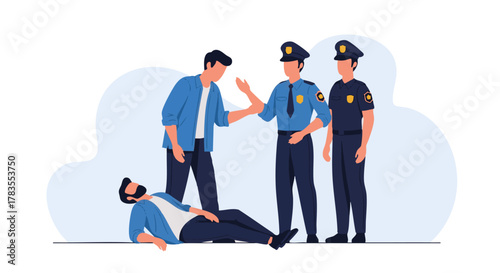 Police officers interacting with a man and another person lying down.