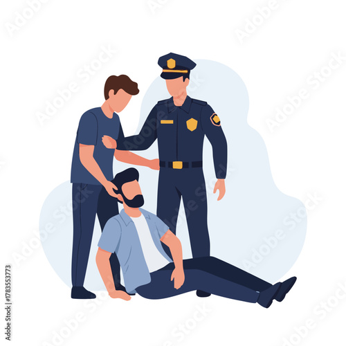 Police Officer and Civilian Assisting Injured Person on the Ground.