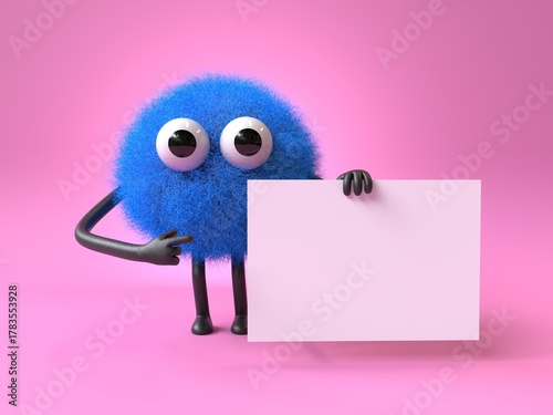Fluffy, cute monster holds a blank sign, symbolizes information and advertising display. 3D rendering, conceptual image. Isolated on white background.