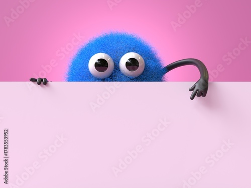 Fluffy, cute monster holds a blank sign, symbolizes information and advertising display. 3D rendering, conceptual image. Isolated on white background.