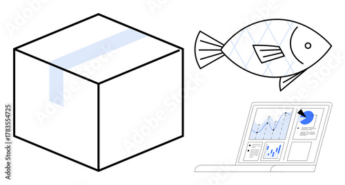 Box, fish, and laptop with analytics dashboard highlighting ecommerce, sustainability, data analysis, consumer trends, logistics, food supply chain, and insights into modern business in a simple flat