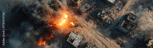 Aerial view of an explosion, a warzone scene with destruction, fire, and smoke after an attack