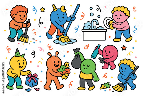 Cute cartoon characters performing various household chores and celebratory activities