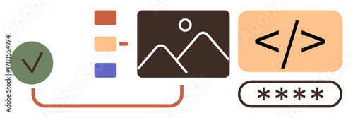 Checklist tick, color scheme swatches, image card, HTML code, and password field. Ideal for web design, coding, UIUX productivity workflow cybersecurity and secure design concepts. Simple flat