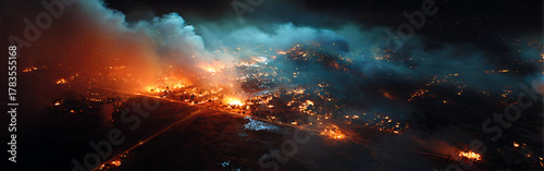 Nighttime aerial view of a widespread conflagration, vibrant orange flames illuminating a dark landscape, creating a chaotic scene of destruction, smoke, and blue light
