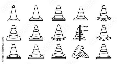 Collection of outline traffic cone icons, editable stroke, perfect for infographics, articles, books, flyers, banners, vector cartoon illustration with a white background, versatile safety and