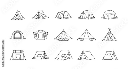 Collection of outline tent icons for graphic and web design, apps, adverts, and various cards. This vector cartoon illustration features a white background and showcases diverse tent styles, perfect