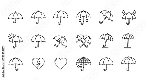 Collection of thin line art umbrella icons, perfect for web, books, cards, and apps, featuring editable stroke and a clean white background, suitable for cartoon illustrations and diverse design
