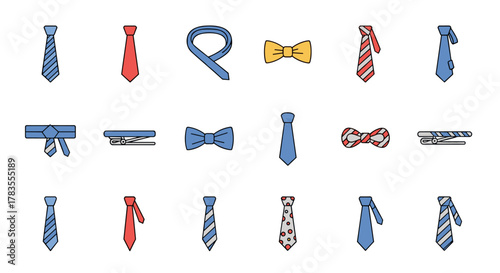 Set of 15 flat design tie and bow tie icons with a white background, including striped, polka dot, and solid color patterns, perfect for business and fashion-related projects, vector illustration.