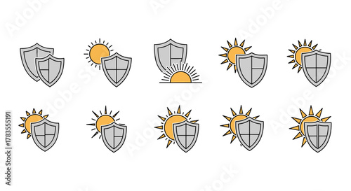 Collection of flat linear icons representing sun and shield symbols, symbolizing protection against sunlight, UV rays, and outdoor elements. Ideal for graphic design, web, and print projects