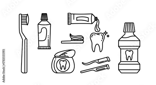 Set of dental hygiene icons in outline style, featuring a toothbrush, toothpaste tubes, dental floss, mouthwash bottle, and a sparkling tooth, perfect for graphic design, web, apps, and