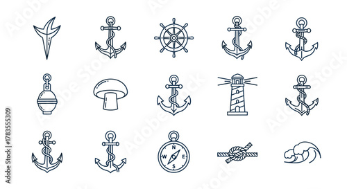 Nautical Line Icon Collection: Anchors, Ship Wheel, Lighthouse, Compass, Buoy, Rope Knot, and Wave - Perfect for Marine Themes, Travel, and Infographics, Editable Stroke, Vector Cartoon Illustration