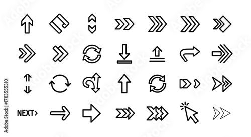 Collection of modern simple black arrow icons and cursor, including directional arrows, refresh symbols, download and upload icons, and a pointer, presented as a clean vector illustration on a white