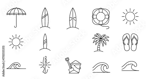 Collection of simple, thin-line illustrations depicting various summer beach elements including an umbrella, surfboards, a lifeline, a palm tree, flip-flops, waves, a sun, and a sand bucket with a