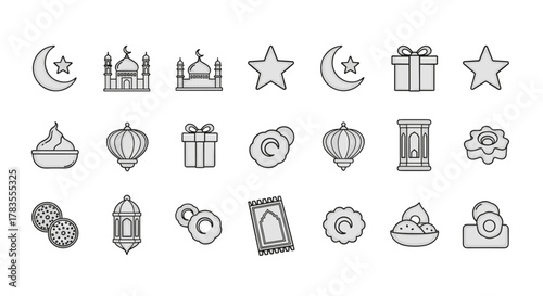 Set of Islamic Celebration Icons for Eid Mubarak, Ramadan, and other Religious Events, Featuring Mosques, Crescent Moons, Stars, Lanterns, Gifts, Prayer Mats, and Traditional Foods, Rendered in a