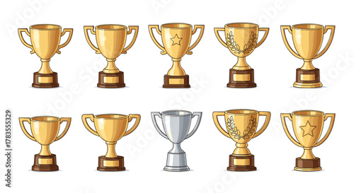 Collection of ten diverse trophy cups and awards, including gold and silver options, some adorned with stars and laurel wreaths, presented in a clean, ordered line against a white background, perfect