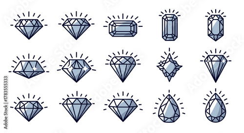 Collection of shining diamond stones in various cuts and shapes, presented as a vector cartoon illustration with a white background. This ordered set features line icons of gems, perfect for logos