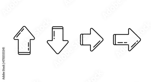 Set of four outline arrow icons: up, down, right, and left, with editable stroke. These versatile vector cartoon icons are perfect for infographics, articles, books, flyers, and banners, representing