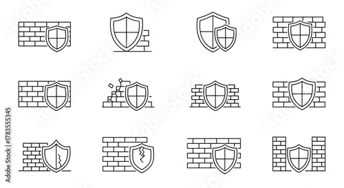 Collection of twelve vector line art icons depicting brick walls and shields, symbolizing security, protection, and digital firewalls, presented on a clean white background for versatile design