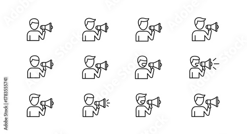 Set of 12 minimalistic line icons depicting people holding megaphones, symbolizing announcements, promotions, and public speaking. This vector cartoon illustration on a white background is perfect