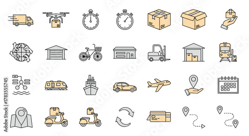 A comprehensive collection of flat design icons representing various aspects of delivery and transportation, including trucks, drones, warehouses, forklifts, ships, trains, airplanes, cars, scooters