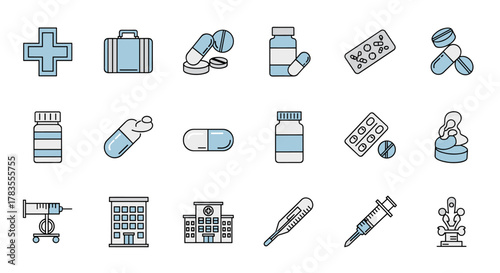 Collection of simple medical icons with editable strokes, perfect for infographics, articles, books, flyers, and banners, featuring a medical cross, suitcase, pills, hospital, and treatment symbols