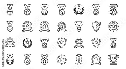 Collection of thin line icons representing medals, awards, and trophies, perfect for web, books, cards, and apps. This editable stroke vector cartoon illustration features a white background and