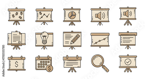 Set of beige presentation board icons with a minimalist linear pictogram design, featuring elements like charts, graphs, documents, lightbulbs, calendars, dollar signs, sound waves, pencils, and