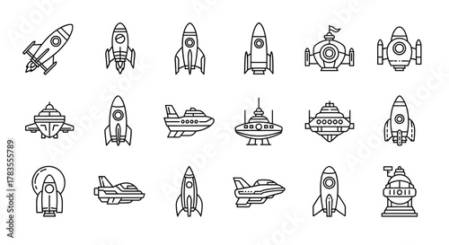 Collection of outline vector spaceship illustrations, perfect for infographics, articles, books, flyers, and banners, featuring a variety of cartoon-style spacecraft designs with editable strokes for
