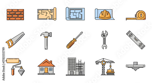 A vibrant collection of construction and building-related line icons, featuring a brick wall, floor plans, a hard hat, measuring tape, saw, hammer, screwdriver, wrench, level, paint roller, trowel