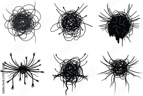 Chaotic abstract black ink tangles with arrows, drips, and neural thread shapes for emotional, psychological, and conceptual vector illustration themes.