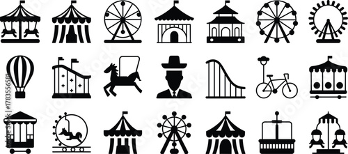 Carnival and amusement park silhouettes, black and white icons, carousel, Ferris wheel, circus tent, roller coaster, swing ride, bumper car, teacup ride
