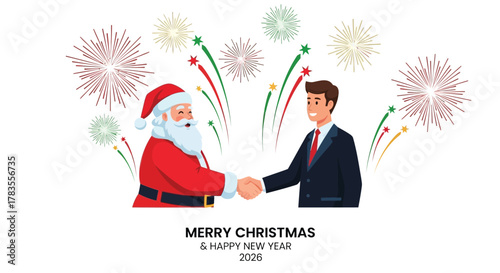 Santa claus and businessman shaking hands with festive fireworks celebrating merry christmas and happy new year 2026