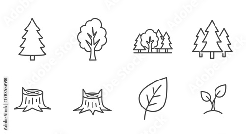 Collection of stylized outline icons representing various trees, including coniferous and deciduous species, alongside tree stumps, a single leaf, and a sprouting seedling, all designed for graphic