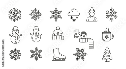 Collection of winter-themed line icons, featuring various snowflakes, snowmen, a winter hat, gloves, scarf, ice skates, a hot beverage, a person in winter clothing, a snowy cloud, and a Christmas