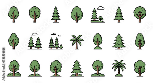 Set of diverse cartoon tree icons, including deciduous and coniferous varieties, a palm tree, and stylized forest scenes with clouds, perfect for graphic design, book illustrations, advertisements