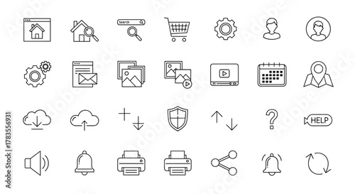 A comprehensive collection of web page line icons, featuring outline signs for graphic and web design, apps, adverts, and various cards. This vector cartoon illustration includes essential elements