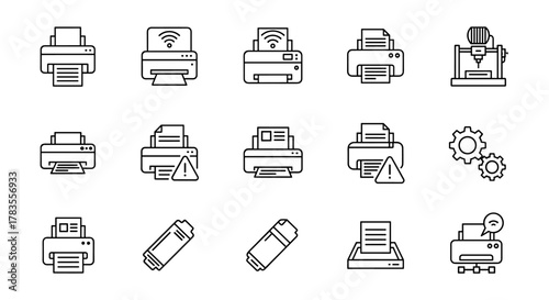 A comprehensive collection of line art icons representing various types of printers, including wireless, error-prone, and standard models, alongside related components like ink cartridges and gears