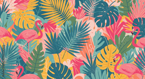 Vibrant abstract tropical plant background vector featuring colorful boho foliage, botanical tropical leaves, and a repeating floral pattern with pink flamingos, perfect for summer sale illustrations