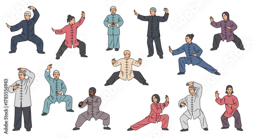 Collection of diverse individuals practicing Tai Chi and Qigong, showcasing the traditional Chinese calm martial art with people in slow movement poses, exercising, and engaging in Asian wellness