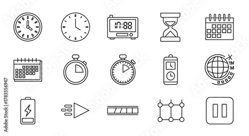 Collection of time and clock related linear icons, including analog and digital clocks, hourglass, stopwatch, calendar, battery, play, progress bar, network, and pause symbols, presented on a clean