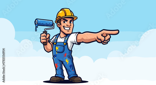 A cheerful cartoon painter decorator handyman mascot man wearing a yellow hard hat and blue overalls splattered with paint, holding a blue paint roller dripping with paint and confidently pointing to
