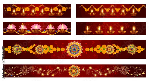 Set of decorative Diwali festival of lights divider lines and borders, featuring traditional oil lamps (diyas), lotus flowers, marigold garlands, and intricate mandala designs on a rich red