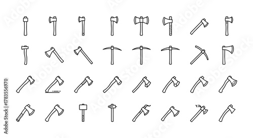 Collection of minimalistic linear pictogram outline icons representing various types of axes and pickaxes, perfect for web and graphic design, apps, banners, social networks, and cards, presented in
