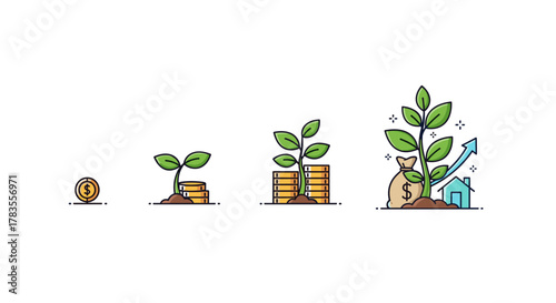Vibrant vector illustration depicting the stages of financial growth, from a single coin to a flourishing plant emerging from a money bag, symbolizing investment success and prosperity, with a house